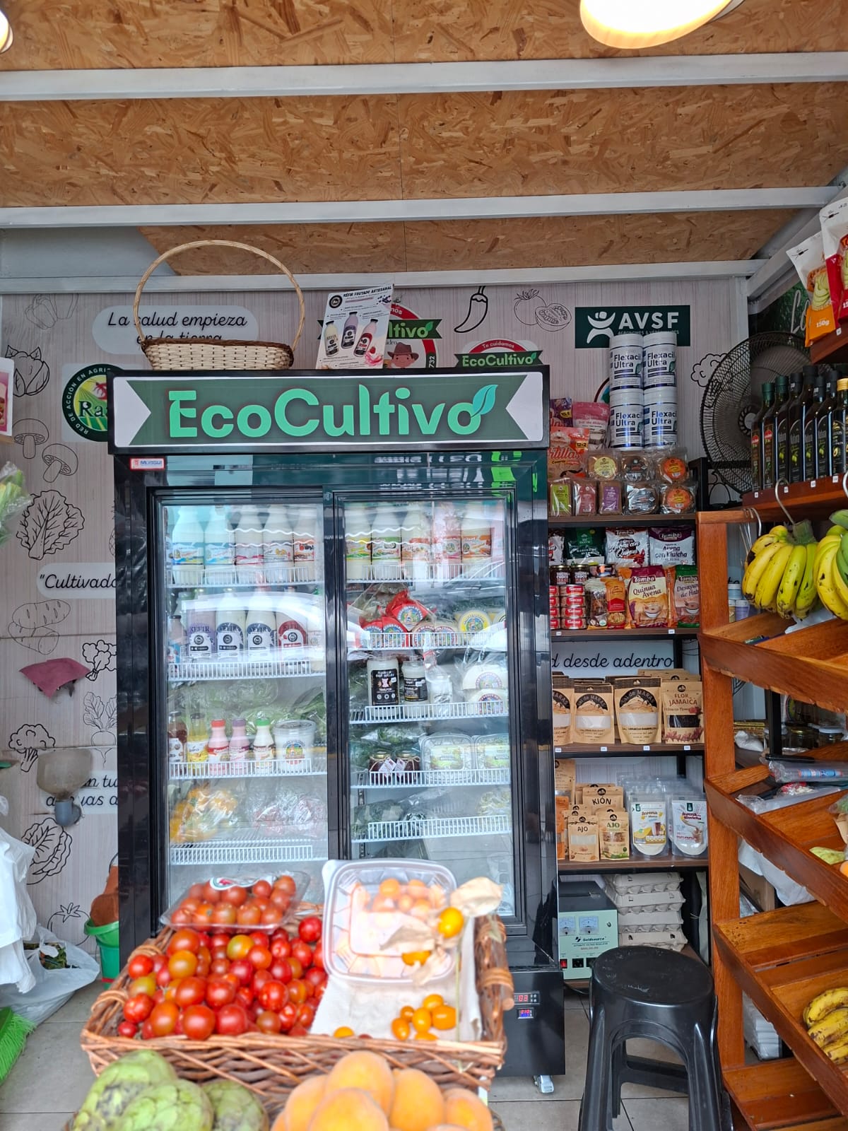Vitrina refrigerada y tomates en la Bio Tienda